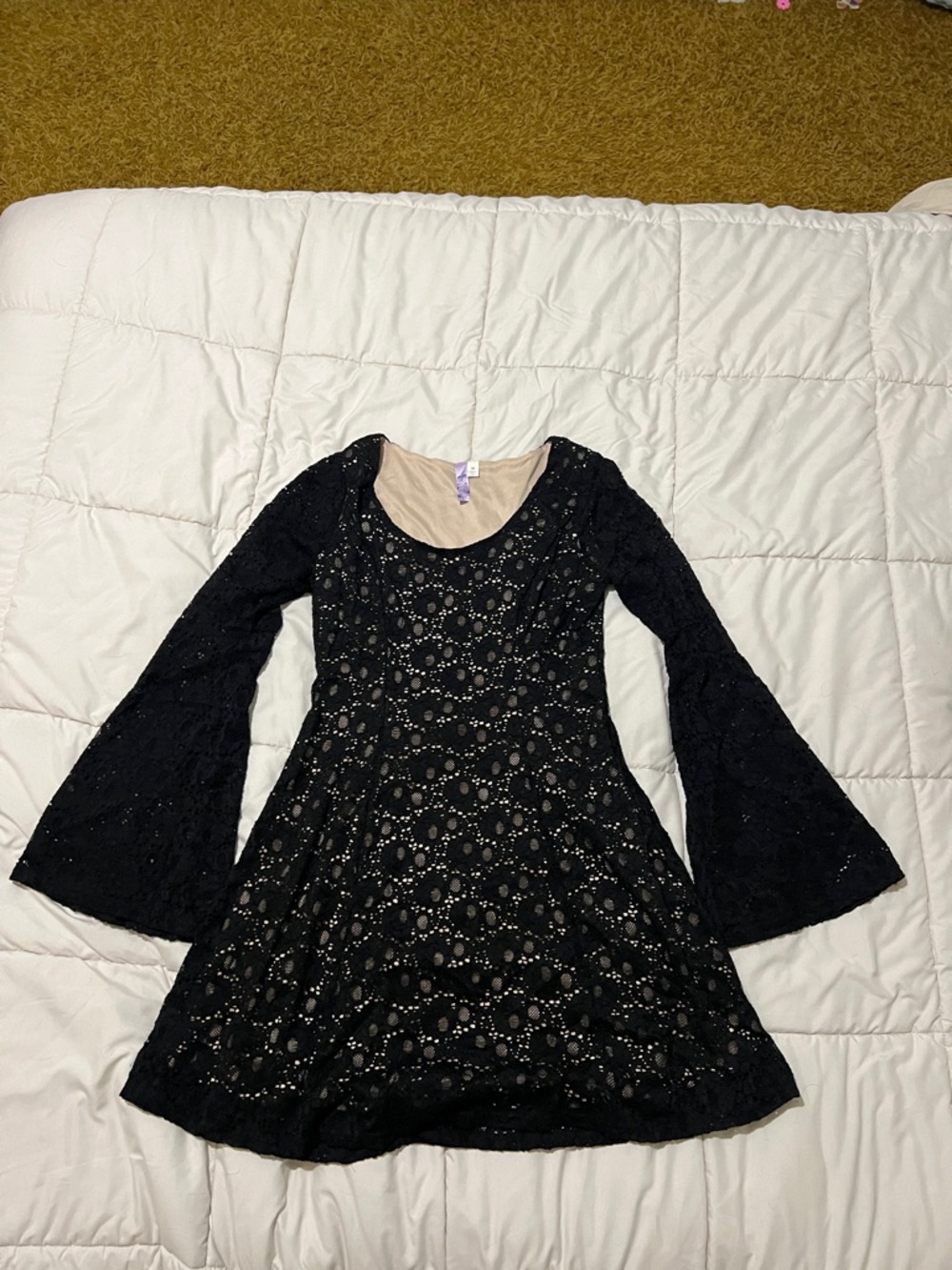 Alya Black Lace Dress with Nude Lining and Bell Sleeves